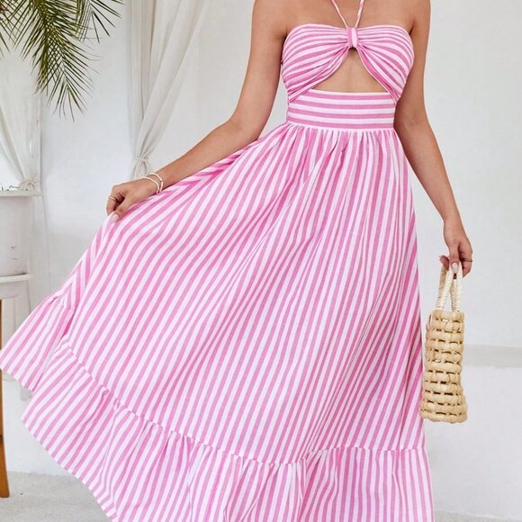 Pink Casual Women's Striped Print Cut Out Ruffle Hem Halter Neck Dress - Picture 1 of 5